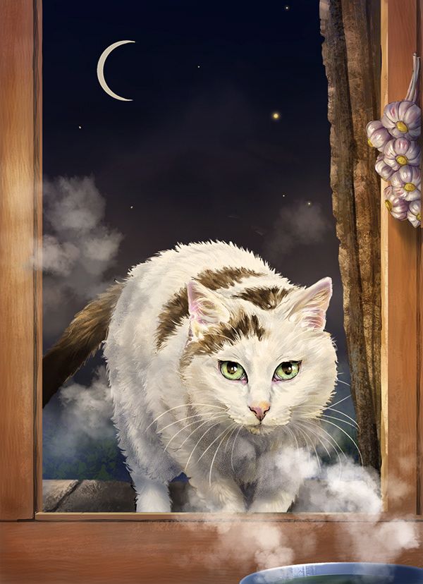 a painting of a cat looking out a window at the moon and stars in the sky