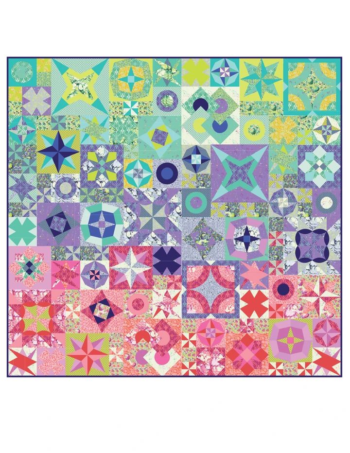 a colorful quilt with many different shapes and sizes on the front, in pink, blue,