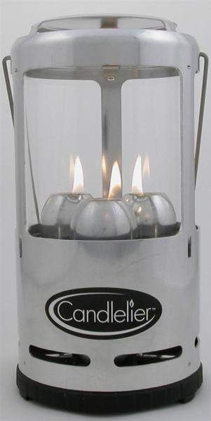 a candle holder with three lit candles in it on a white surface, and the words candlelierr written below