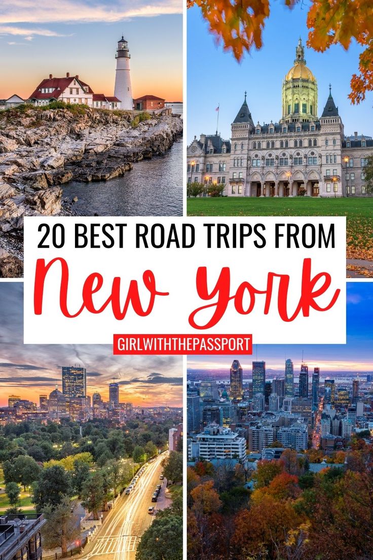 the best road trips from new york, with text overlay that reads 20 best road trips from new york