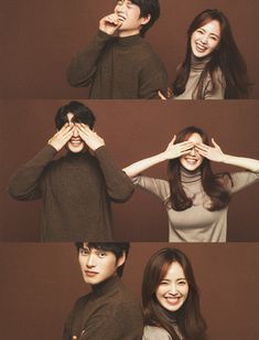 the young couple is posing for pictures together with their hands over their eyes and smiling