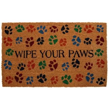 a door mat that says wipe your paws with colorful paw prints on the front and side