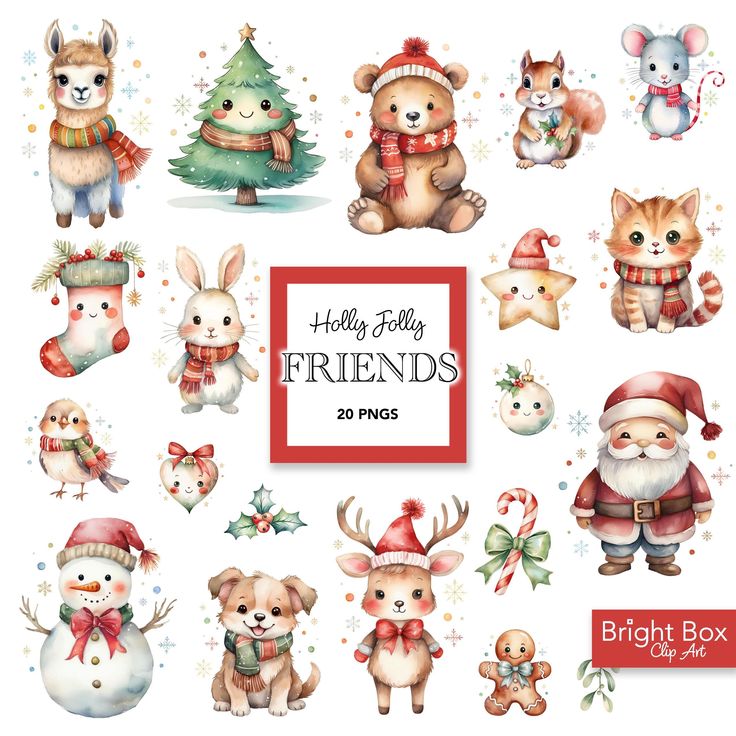 a bunch of christmas animals with hats and scarves