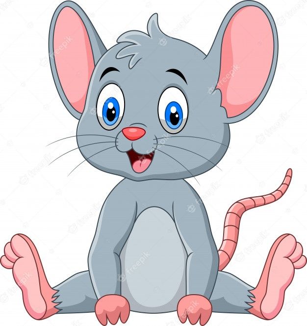 cartoon mouse sitting on the floor with big blue eyes and pink ears, looking at the camera