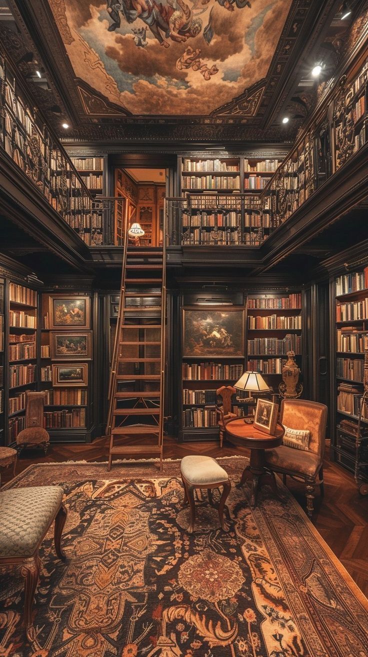 a room with many bookshelves and a staircase leading up to the second floor