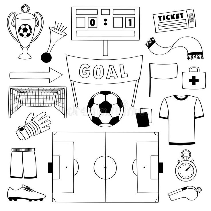 black and white illustration of soccer equipment