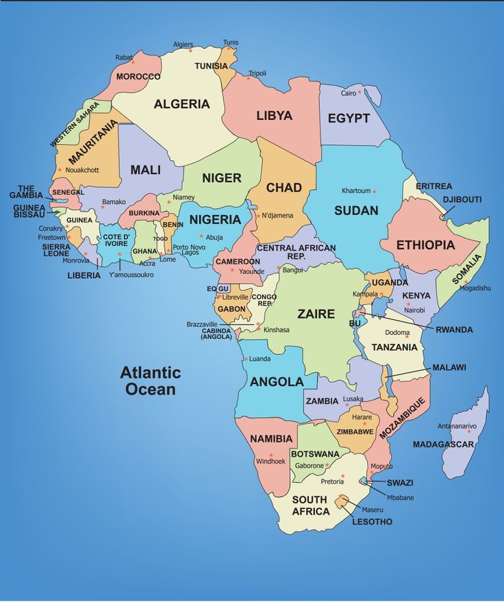 a map of africa with all the major cities and their names on it's borders