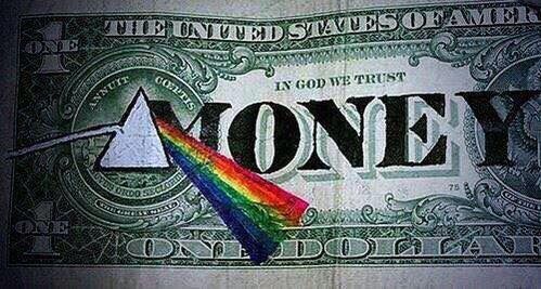 a money bill with the word money painted on it and a rainbow in the middle