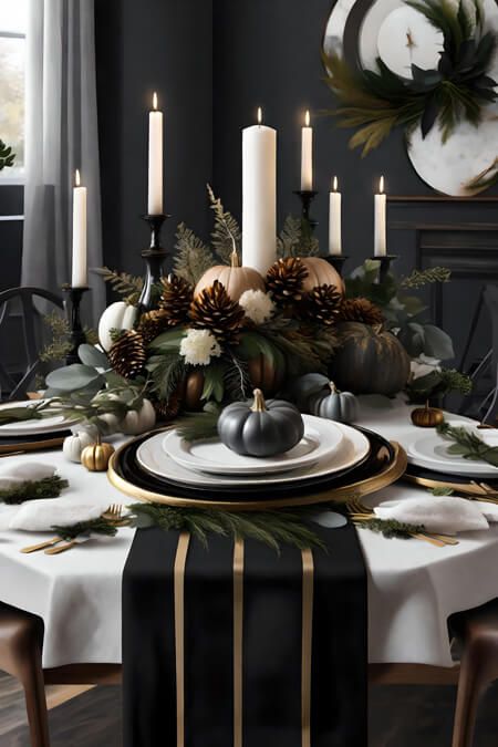 a dining room table decorated for christmas with pine cones, candles and other holiday decorations