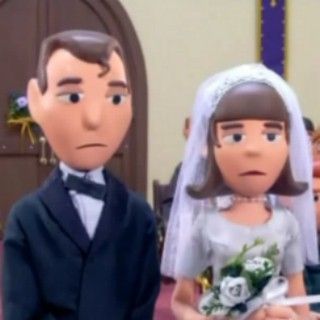 the bride and groom are standing next to each other in front of an alter scene