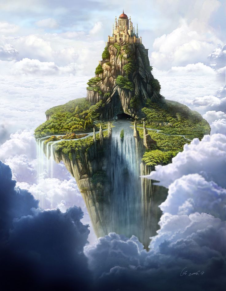 an island floating in the air surrounded by clouds and trees with a castle on top