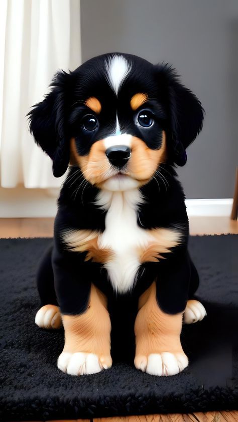 a black and white puppy sitting on top of a rug