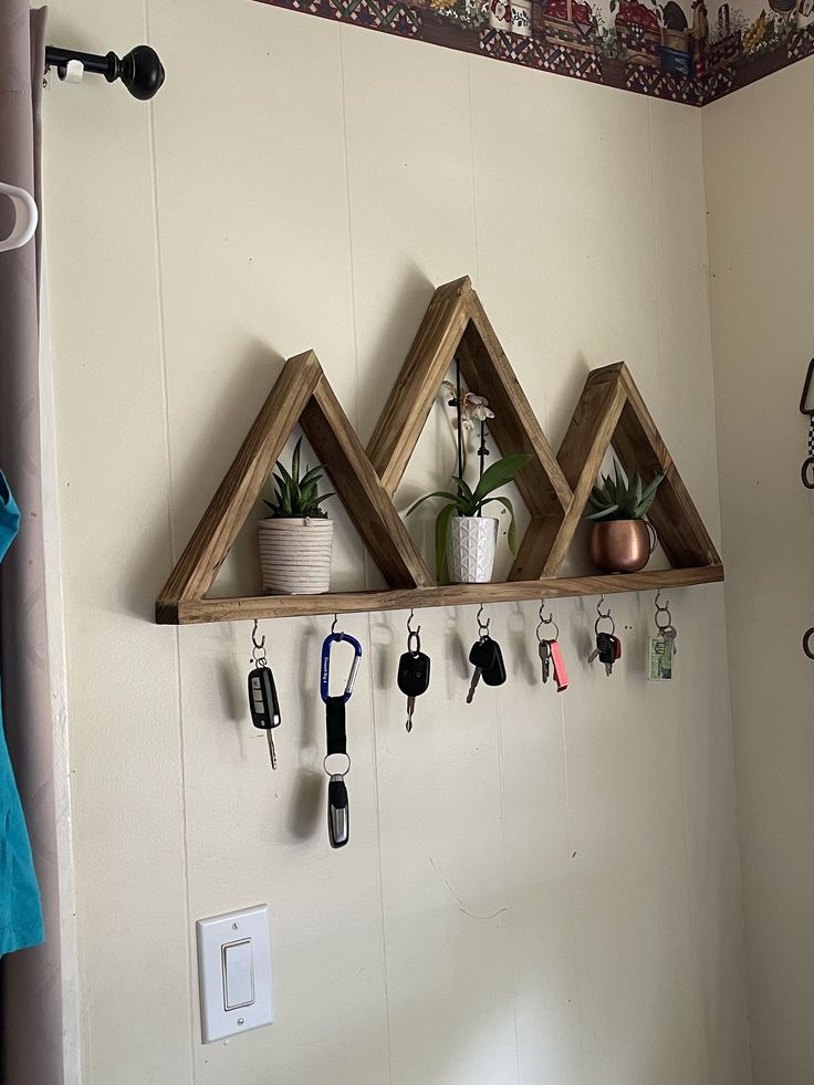 three wooden shelves with key hooks and plants on them hanging from the side of a wall