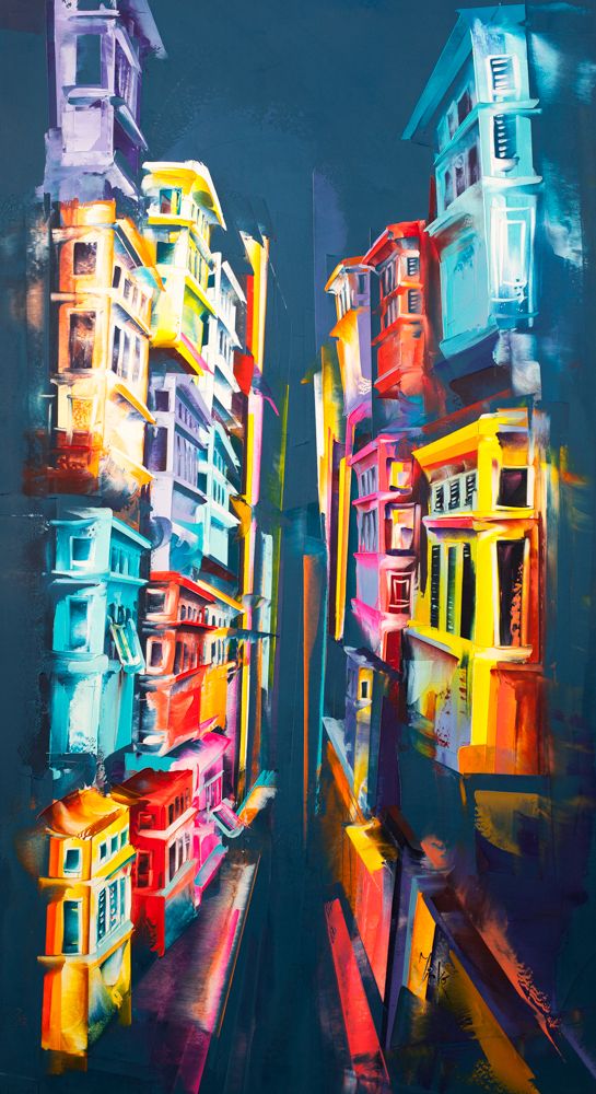 an abstract painting of colorful buildings in the city