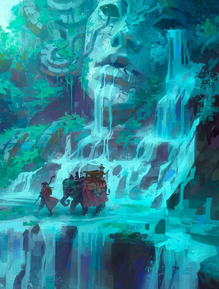 an artistic painting of two people standing in front of a waterfall with a car driving down it