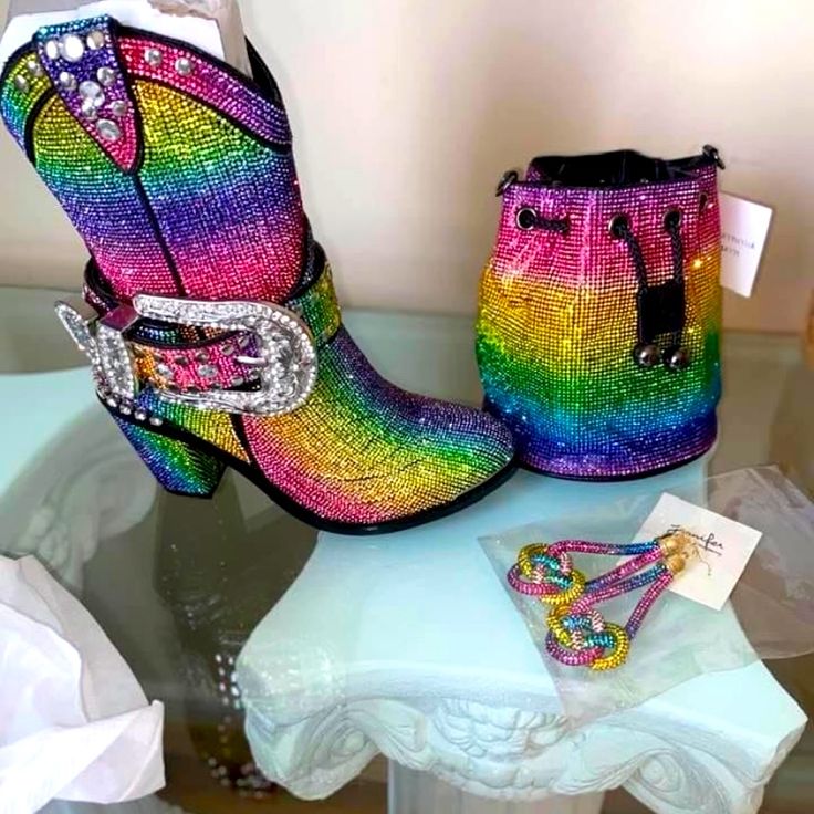 Multi Colored Rhinestone Rainbow Boots From Dolls Kill Bought But Never Worn (Boots Only) No Box Rhinestone Cowgirl Boots, Neon Boots, Rainbow Boots, Texas Cowgirl, Art Boots, Rainbow Heels, Worn Boots, Dolls Kill Shoes, Hippie Boots