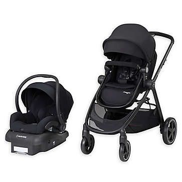 the stroller and infant car seat are both black