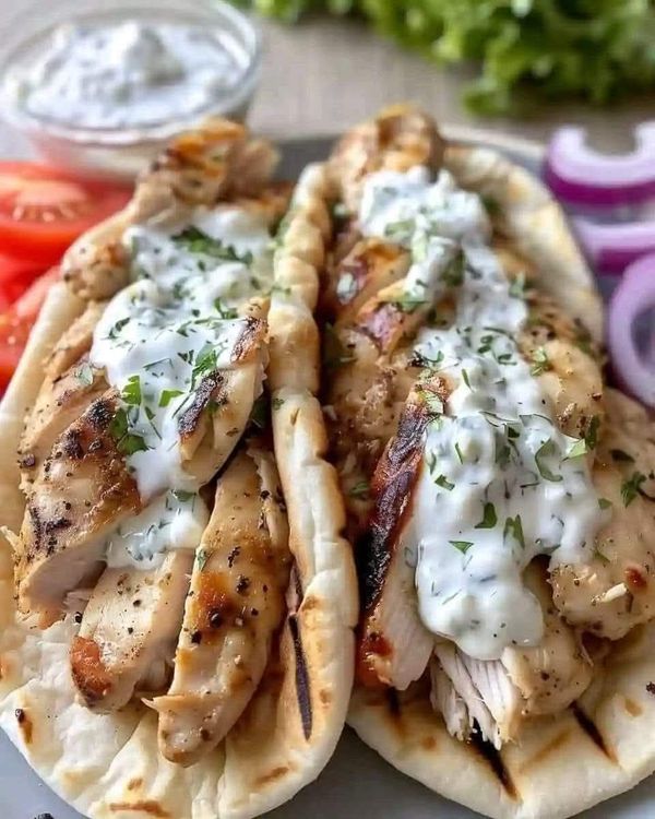 two chicken pita sandwiches on a plate with tomatoes and onions