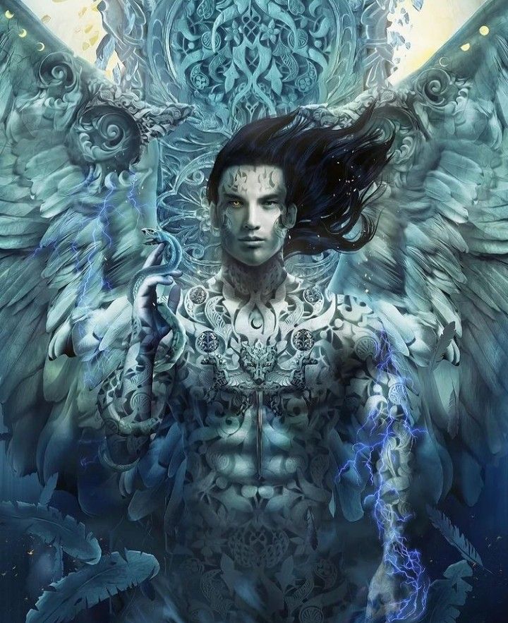 a man with wings on his chest standing in front of an intricately designed background