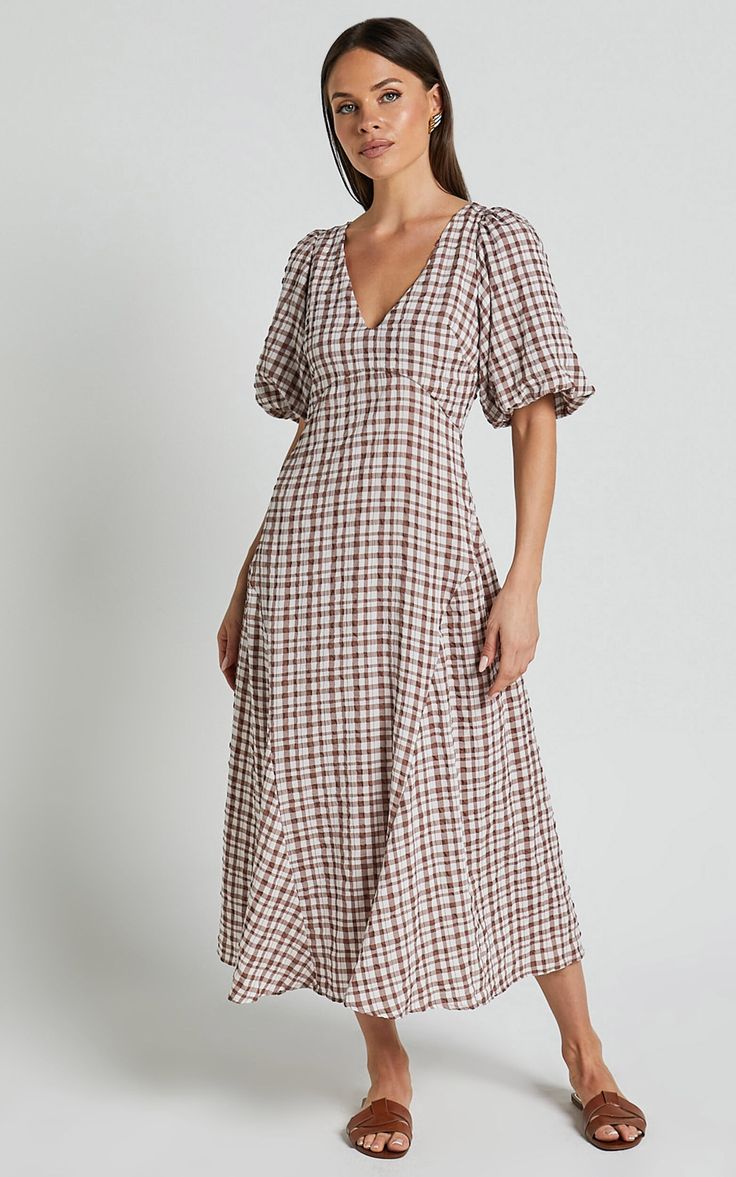 Jameela Midi Dress - V Neck Short Puff Sleeve Godet A Line Smock Dress in Chocolate Gingham | Showpo USA Fitted V-neck Midi Dress For Picnic, Fitted Gingham Plaid Dress With V-neck, Fitted V-neck Plaid Dress For Spring, Spring V-neck Midi Dress For Picnic, V-neck Midi Dress For Spring Picnic, Fitted Puff Sleeve Dress With Smocked Bodice And V-neck, Elegant Short Sleeve Dress For Picnic, V-neck Midi Dress With Gathered Sleeves For Day Out, Elegant Puff Sleeve Dress With Smocked Bodice And V-neck