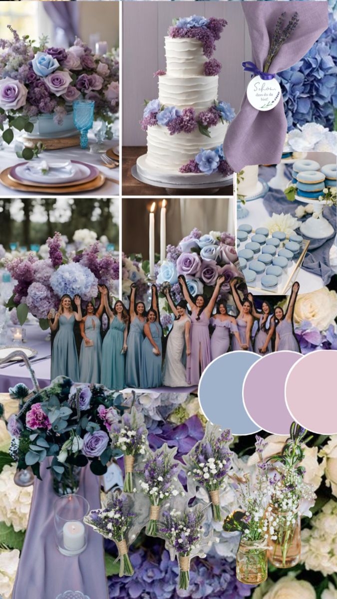 a collage of photos with purple and blue flowers on them, including wedding cake