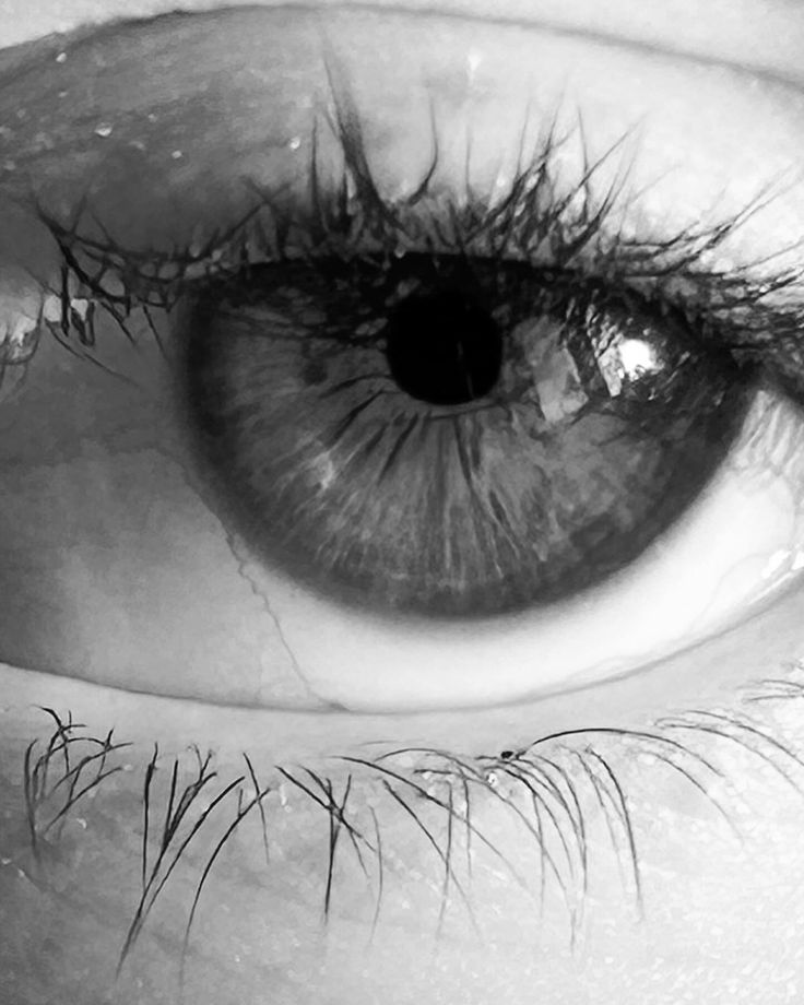 black and white photograph of an eye with long eyelashes