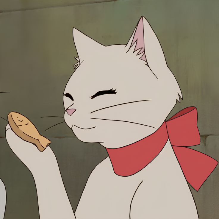 a cartoon cat eating something off of a piece of bread while wearing a red bow around its neck