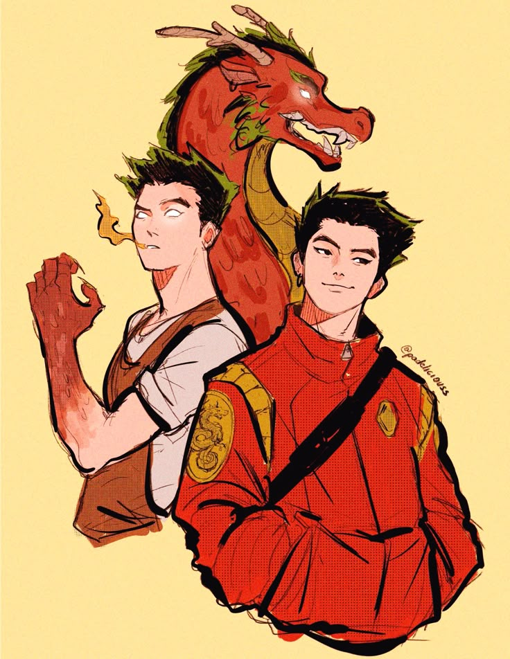 two people are sitting next to each other with a dragon on their shoulders and one is holding