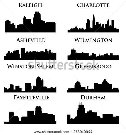 black and white city skyline silhouettes with name tags for cities in the united states