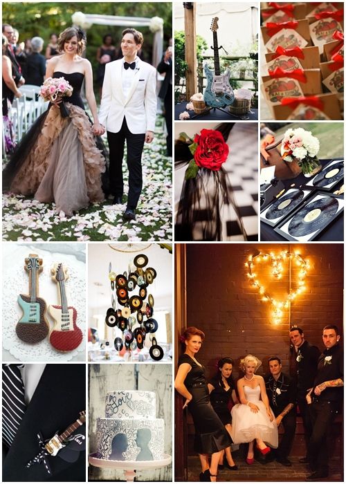 a collage of photos with people dressed in formal wear and accessories, including guitars, flowers, candles, music instruments, and more