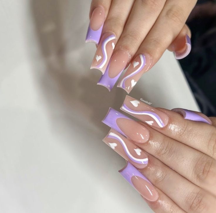 Wedding Nail Art Designs, Luxury White Wedding, Lilac Nails Design, Purple Nail Art Designs, Light Purple Nails, Wedding Nail Art, Acrylic Nail Designs Coffin, Purple Nail Art, Heart Nail Designs