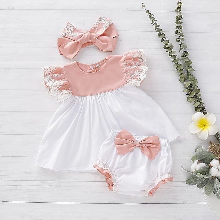 3-Piece Ruffled Top, Bow Decor Shorts and Headband – PrettyKid Pink Playtime Sets With Ruffles, Cute Cotton Sets With Bow, Cute Cotton Sets With Bow Detail, Cute Summer Sets With Bow Detail, Cute Summer Sets With Bow, Pink Lace Trim Sets For Spring, Stretch Sets For Summer Playtime, Stretch Playtime Sets For Summer, White Ruffled Playtime Sets