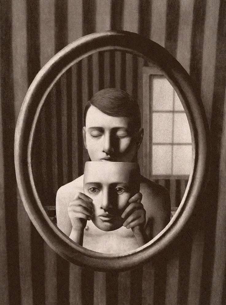 a man is looking into a mirror with his face in the mirror and holding a cup