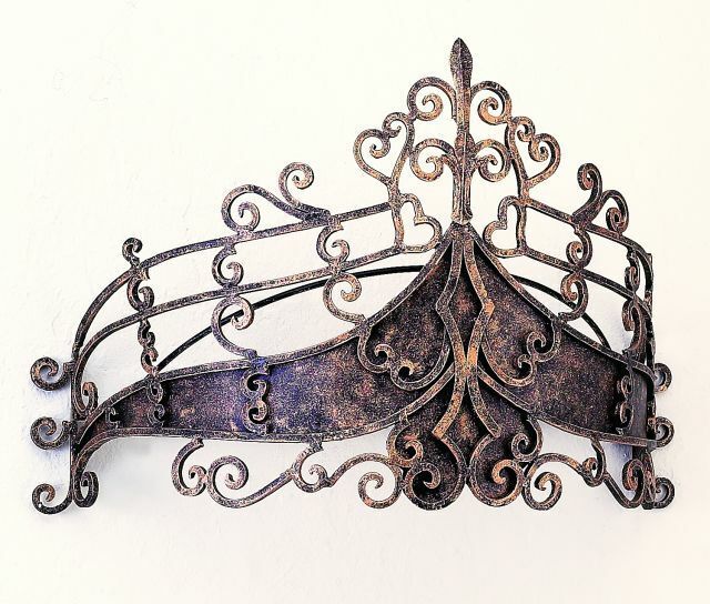 Iron bar on back to hold material when using as a tester Forged by master craftsmen of iron and tole Hand-finished in a multi-step process Hooks on back for hanging Weight: 9 pounds 6 ounces 25.75" wide/11.5" deep/17" tall Crown Wall Decor, Bed Crown Canopy, Wrought Iron Bed, Bed Crown, Gold Bed, French Country Bedrooms, Bed Canopy, Iron Bed, Country Bedroom