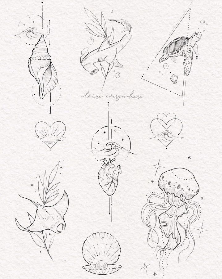 some drawings on paper with hearts and other things in the shape of fish, octopus, heart