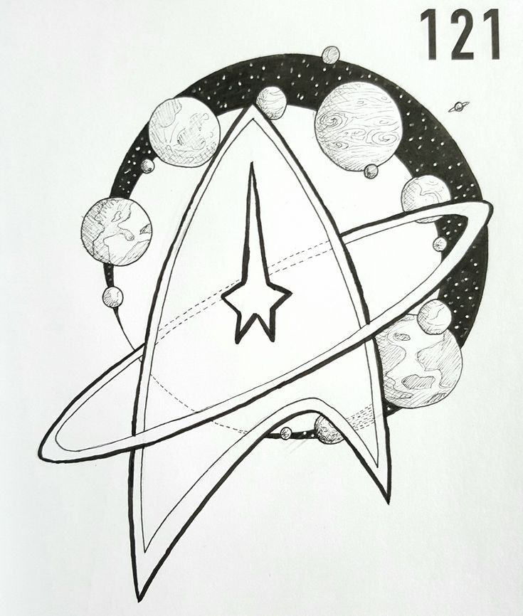 a drawing of a space shuttle with planets around it