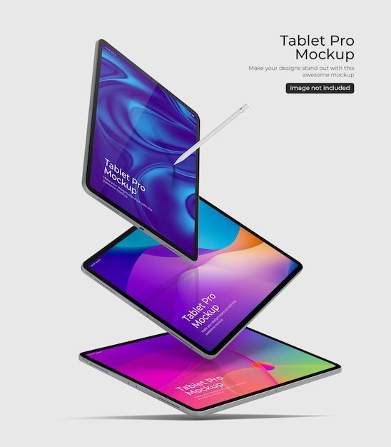 three smartphones stacked on top of each other with the text tablet pro mockup