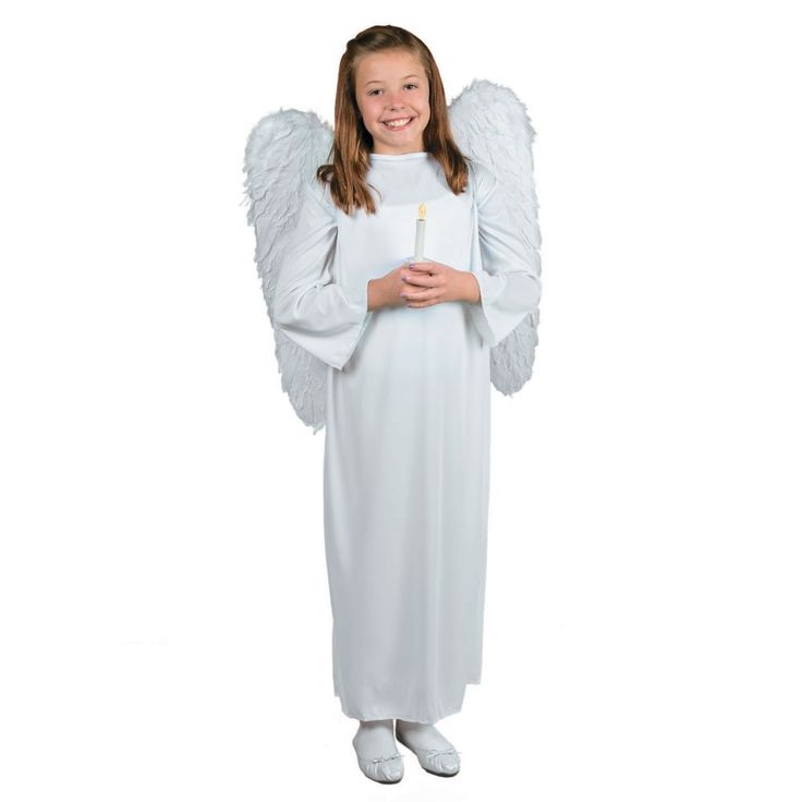 Angel Costume With Candle. This angel's gotten her wings and is ready to fly! Dress her in this pure white guardian angel costume for her school performance, church Christmas pageant or holiday party. The glow of her flameless candle perfectly matches her angelic spirit! Add your own twinkling halo to complete the look. Candle requires 1 "AA" battery, not included. Imported.Includes: Child's Polyester Large/XL Gown (fits sizes 10-14)  Marabou Feather Wings With Elastic Straps (feathers on both s Kids Angel Costume, Animal Costumes For Kids, Biker Costume, Pixie Costume, Biblical Costumes, Nativity Costumes, School Performance, Toddler Girl Halloween, Christmas Pageant