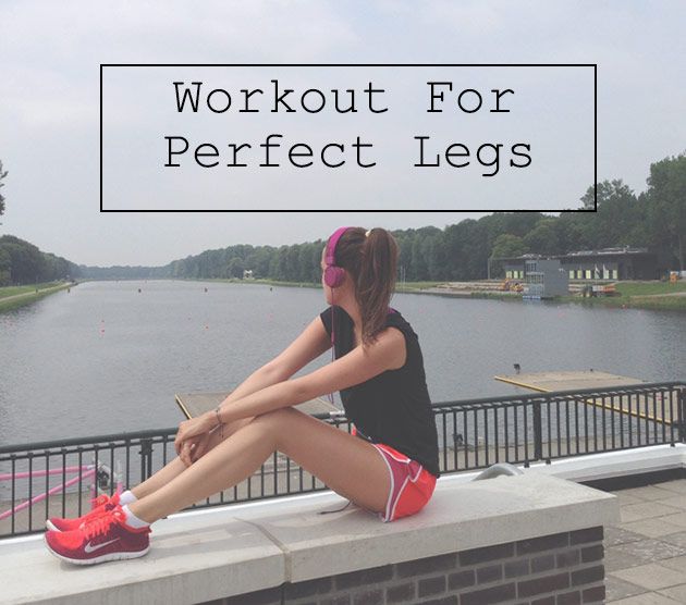 a woman sitting on top of a stone wall next to a lake with the words workout for perfect legs