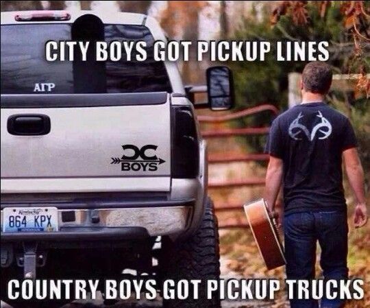 a man walking down a road next to a truck with the words city boys got pickup lines and country boys got pickup trucks