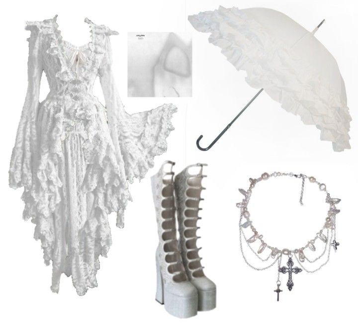 White Gothic Dress Outfit, White Angel Aesthetic Outfit, White Goth Makeup Looks, Gothic White Outfit, Ghost Core Aesthetic Outfits, White And Black Goth Outfit, White Gothic Aesthetic Outfit, Goth White Aesthetic, White Steampunk Outfit