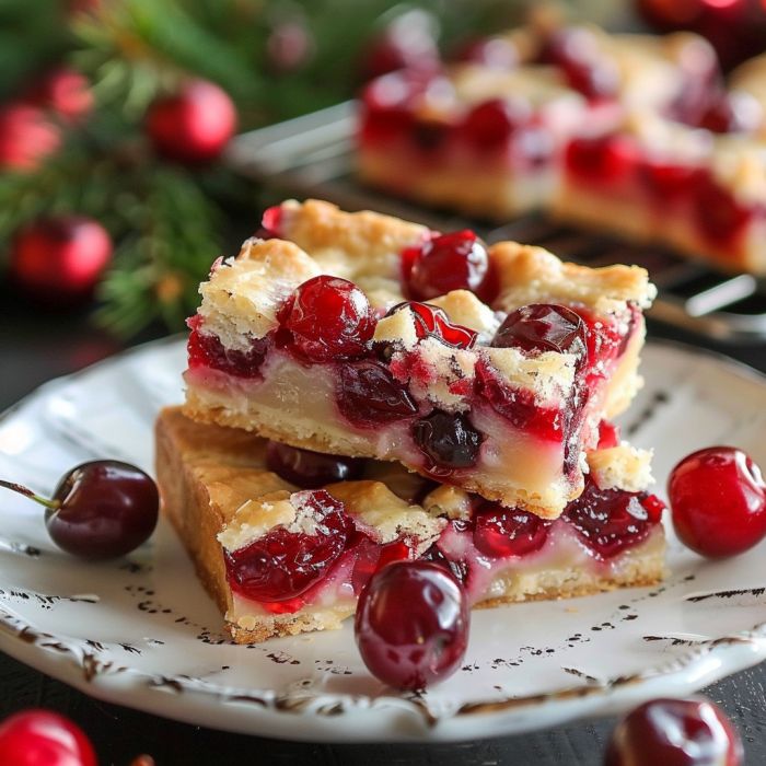 two pieces of cherry cheesecake on a white plate with cherries around the edges