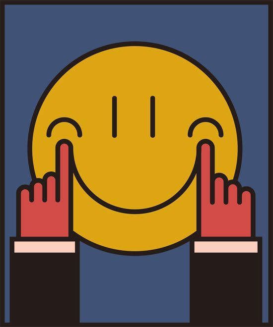 two hands are touching the face of a smiling yellow smiley face with their fingers up in front of them