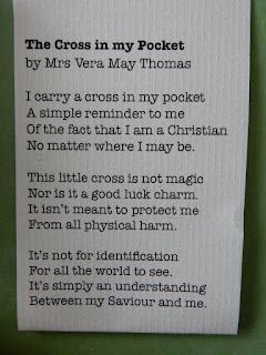 a poem written on a piece of paper that says the cross in my pocket