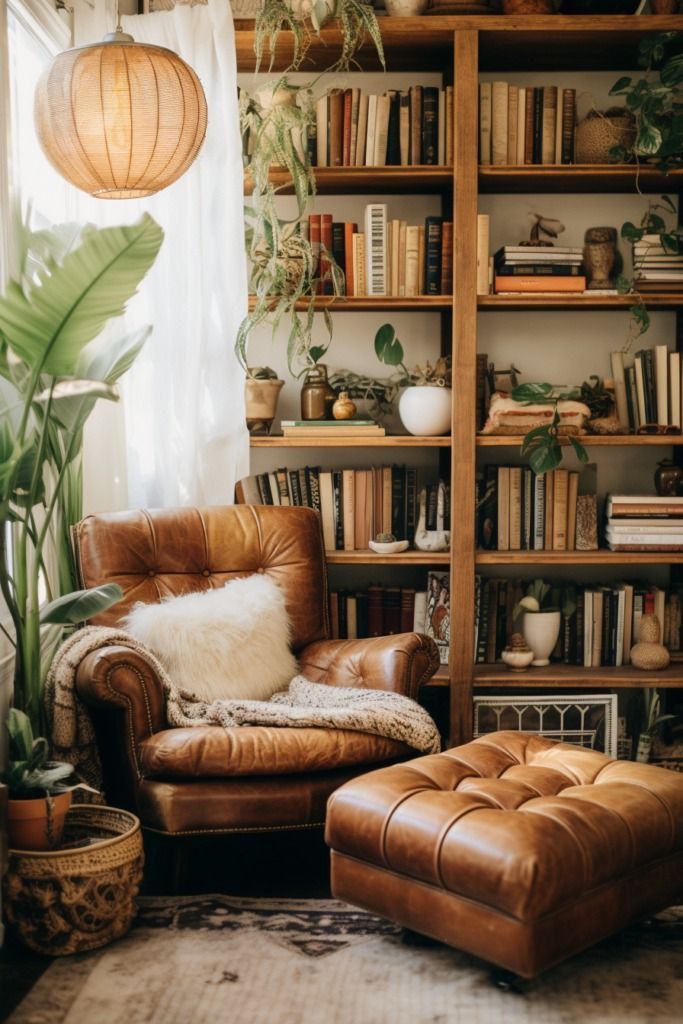 a living room filled with lots of furniture and bookshelves next to a window