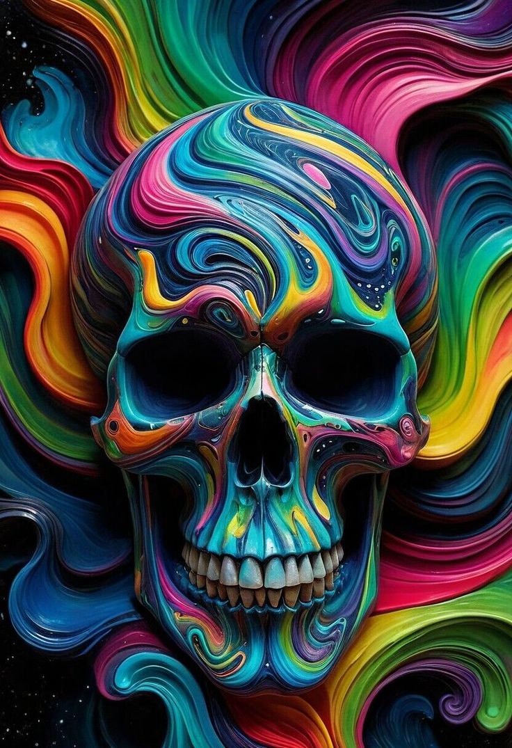 a skull with colorful swirls on it's face