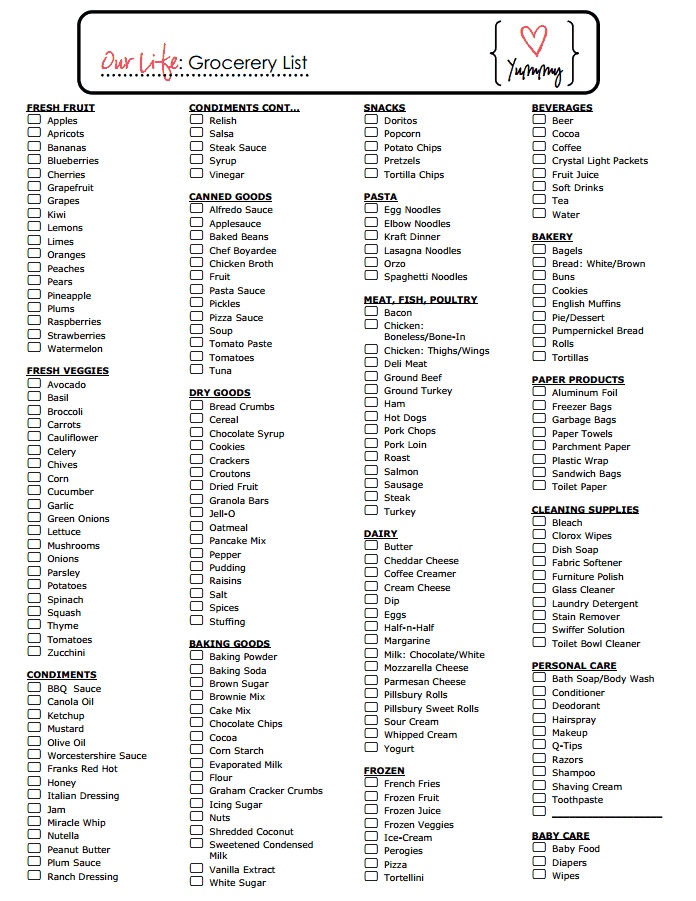 printable grocery list with the words, our life grocery list and other things to do