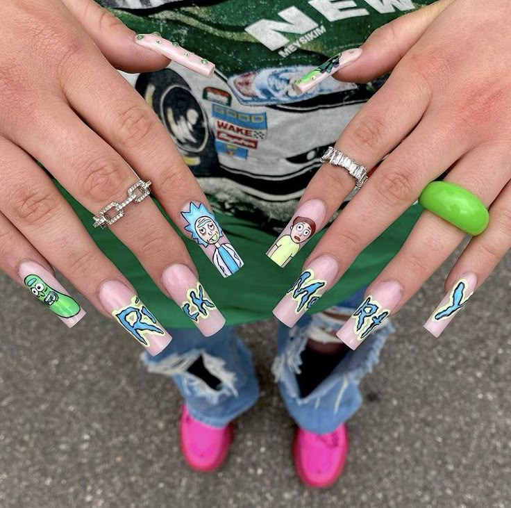 Rick E Morty, Disney Acrylic Nails, Halloween Acrylic Nails, Hippie Nails, Nail Drawing, Daily Nail, Glow Nails, Classy Acrylic Nails, Acrylic Nails Coffin Short