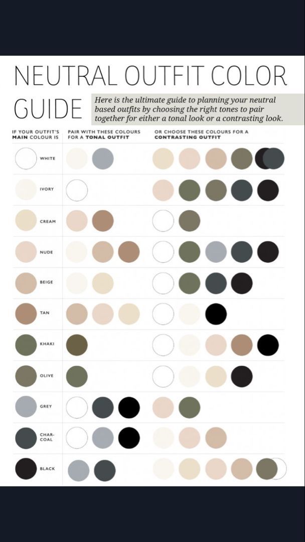 the neutral outfit color guide is shown in black, white and grey colors with text that reads