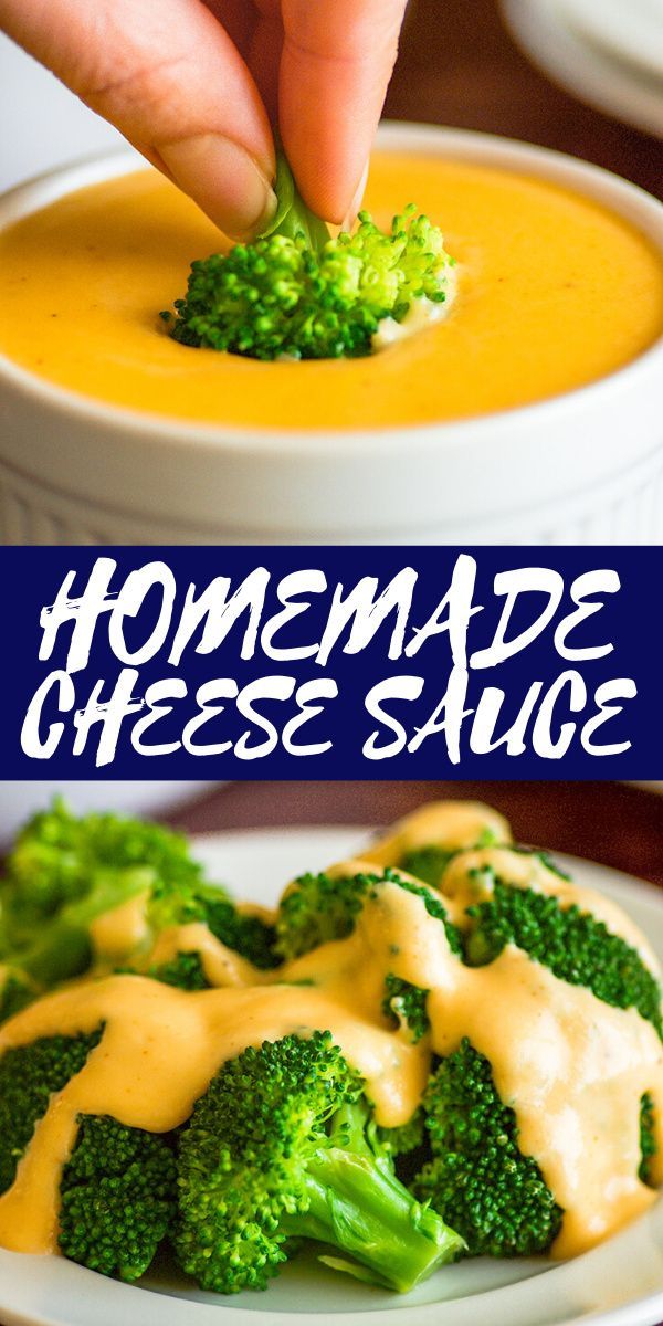 broccoli and cheese sauce being dipped into a bowl with the words, holland's cheese sauce